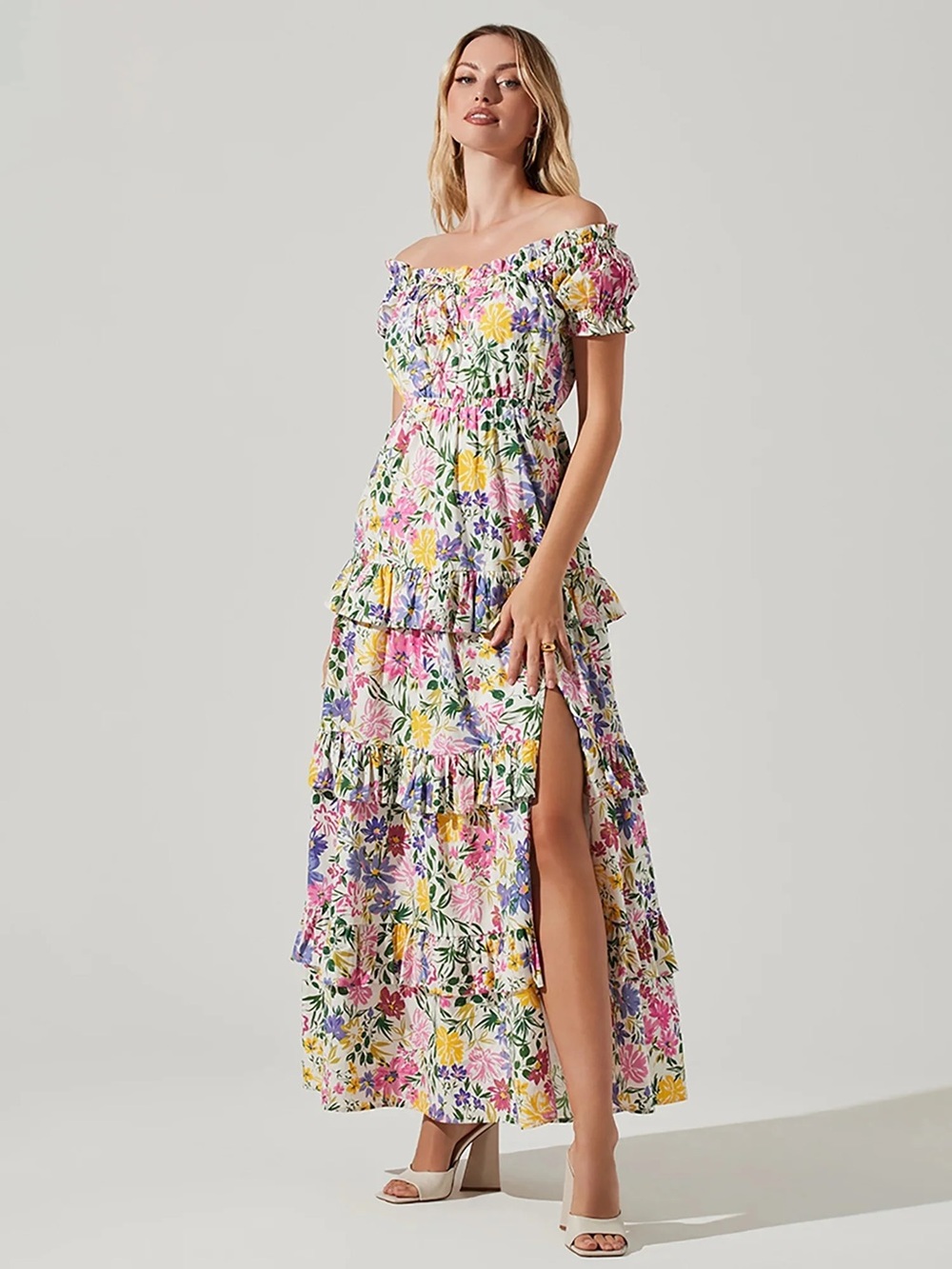 ASTR Viona Floral Off-Shoulder Tiered Maxi Dress in Pink, Purple, Yellow, Green